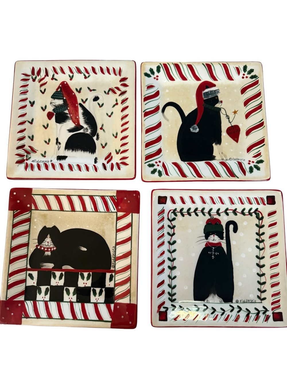 Sakura Oneida Fiddlestix Candy Cane Cat Christmas Dinnerware Set 12 Pc Service 4